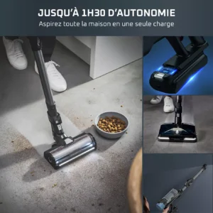 L'aspirateur sans fil ROWENTA RH9BC1WO nettoie facilement les aliments pour animaux de compagnie sur le sol, avec des gros plans présentant ses fonctions et ses lumières LED en action.