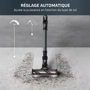 L'aspirateur ROWENTA RH9BC1WO ajuste automatiquement sa puissance pendant le nettoyage de la moquette, comme le montrent les graphiques à l'écran.