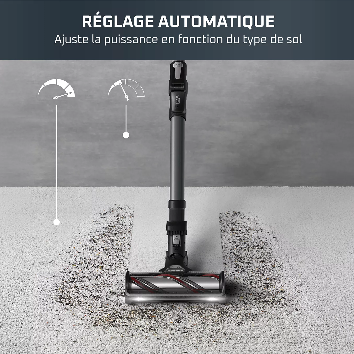 L'aspirateur ROWENTA RH9BC1WO ajuste automatiquement sa puissance pendant le nettoyage de la moquette, comme le montrent les graphiques à l'écran.