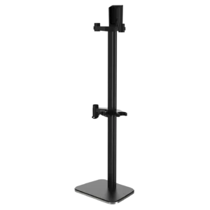 Support robuste en métal noir avec deux supports réglables et une base carrée, conçu pour accueillir des équipements tels que le ROWENTA DOCKING STATION 7.