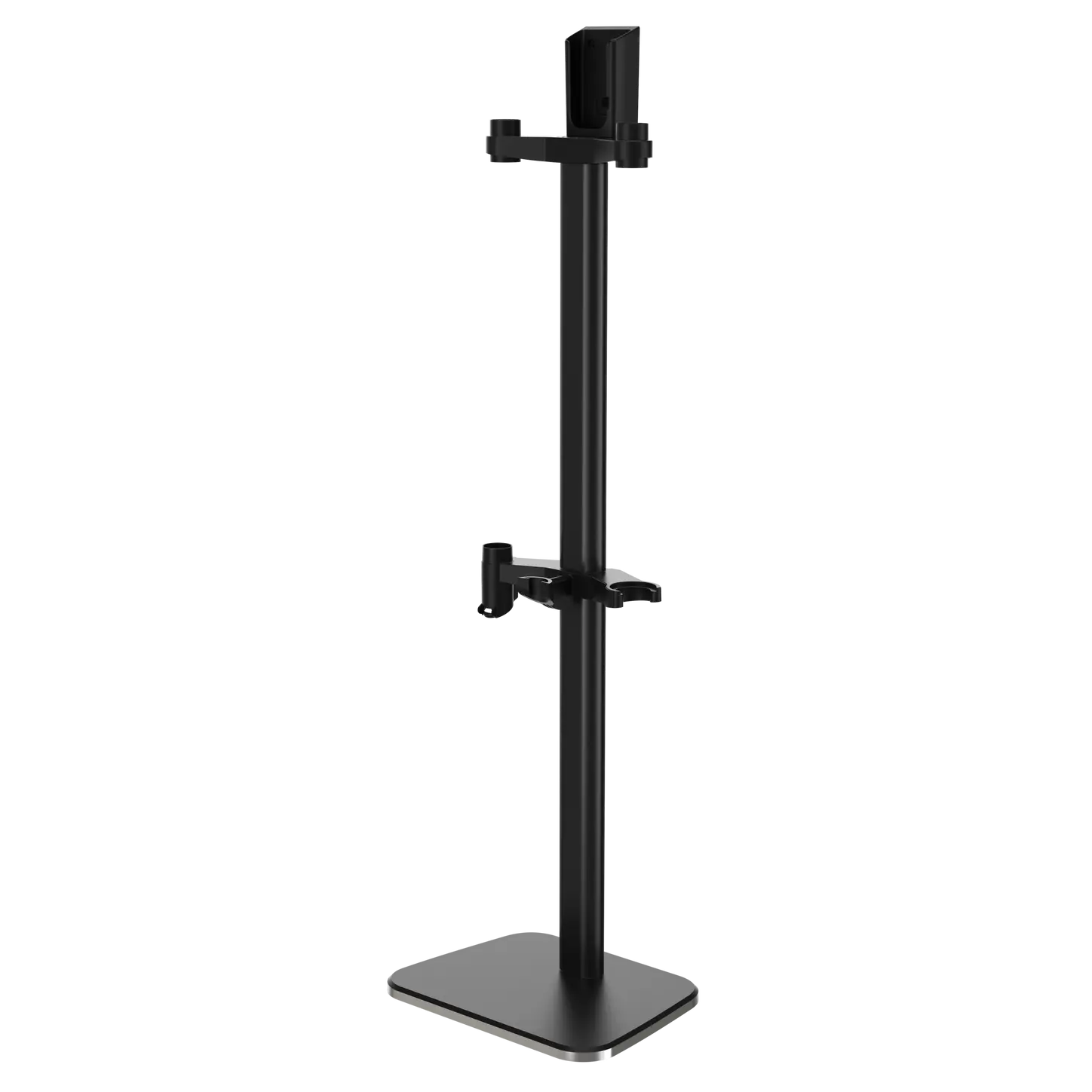 Support robuste en métal noir avec deux supports réglables et une base carrée, conçu pour accueillir des équipements tels que le ROWENTA DOCKING STATION 7.