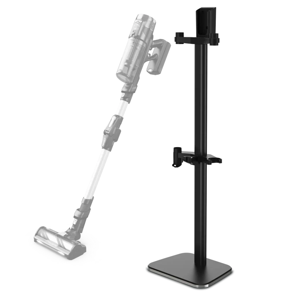 Un aspirateur sans fil est placé à côté de la ROWENTA DOCKING STATION 7, une station d'accueil noire et élégante.