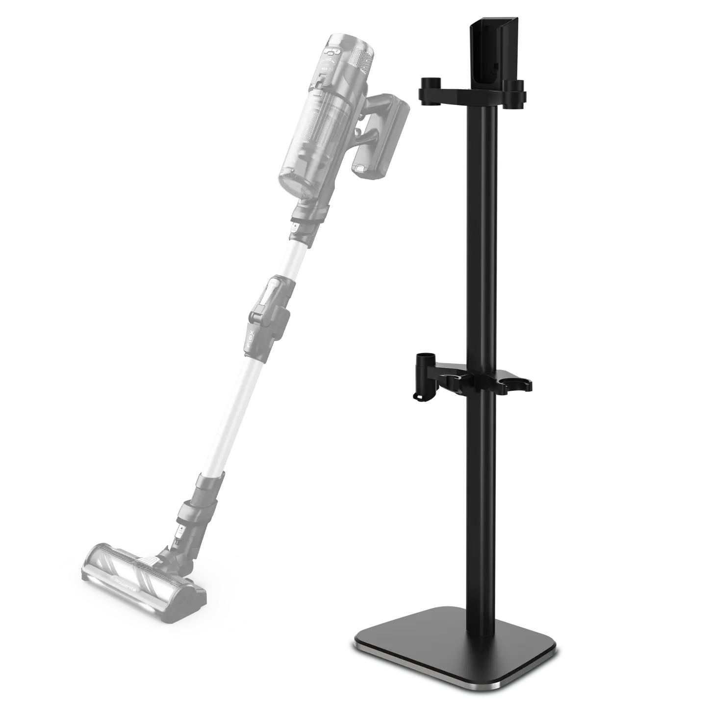 Un aspirateur sans fil est placé à côté de la ROWENTA DOCKING STATION 7, une station d'accueil noire et élégante.