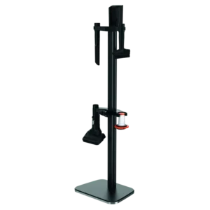 Le ROWENTA DOCKING STATION 7 est un support vertical noir élégant avec des bras réglables, une bobine de fil et un petit accessoire sur une base plate - idéal pour organiser vos accessoires.