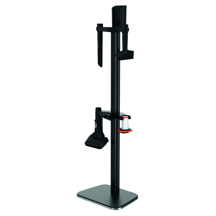 Le ROWENTA DOCKING STATION 7 est un support vertical noir élégant avec des bras réglables, une bobine de fil et un petit accessoire sur une base plate - idéal pour organiser vos accessoires.