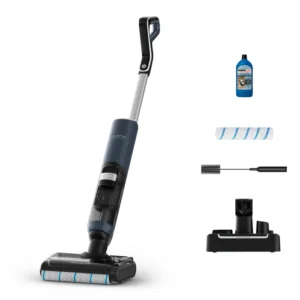 Le balai aspirateur sec et humide sans fil ROWENTA GZ5436E0 est livré avec un flacon de nettoyant, une brosse à rouleau supplémentaire, un outil de nettoyage et une base de chargement pour un nettoyage facile.
