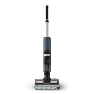 L'aspirateur balai sans fil ROWENTA GZ5436E0 se tient droit avec un design moderne bleu et argent.