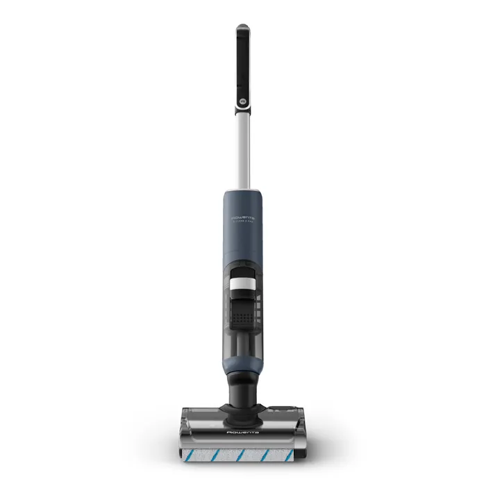L'aspirateur balai sans fil ROWENTA GZ5436E0 se tient droit avec un design moderne bleu et argent.