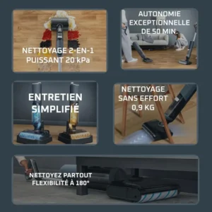 Cinq images du ROWENTA GZ5436E0 mettent en avant son design 2-en-1, son autonomie de 50 minutes et sa tête flexible à 180° pour un nettoyage sans fil efficace.