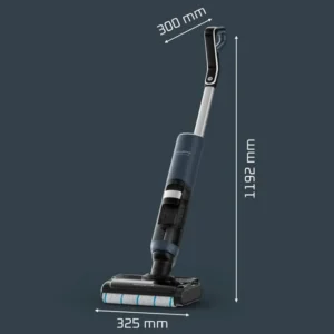 Le ROWENTA GZ5436E0 est un aspirateur sans fil de couleur sombre dont les dimensions sont de 1192 mm (hauteur), 325 mm (largeur) et 300 mm (profondeur), sur fond bleu.