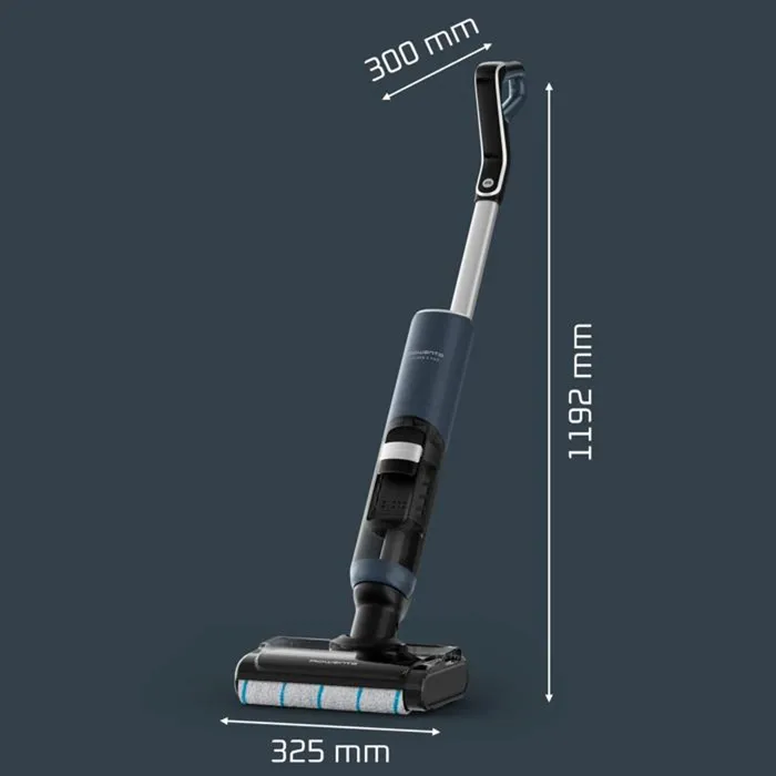 Le ROWENTA GZ5436E0 est un aspirateur sans fil de couleur sombre dont les dimensions sont de 1192 mm (hauteur), 325 mm (largeur) et 300 mm (profondeur), sur fond bleu.