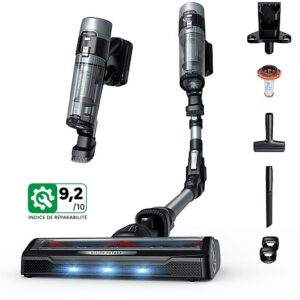 L'aspirateur sans fil ROWENTA RH7A32E0 est livré avec des accessoires polyvalents, un support mural et une note de réparabilité de 9,2/10.