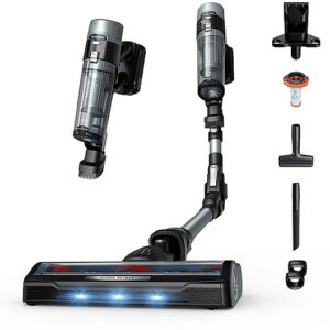 L'aspirateur sans fil ROWENTA RH7A32E0 comprend plusieurs accessoires et une tête de brosse à LED, sur fond blanc.