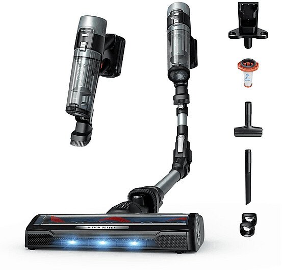 L'aspirateur sans fil ROWENTA RH7A32E0 comprend plusieurs accessoires et une tête de brosse à LED, sur fond blanc.
