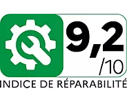 Le ROWENTA RH7A32E0 présente un indice de réparabilité de 9,2/10, mis en évidence par une clé à molette et une icône d'engrenage.