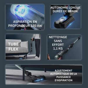 ROWENTA RH7A32E0 : 120 AW d'aspiration, 60 minutes de batterie, conception ultra-légère de 1,1 kg, tube flexible, réglage automatique de la puissance, nettoyage facile - profitez d'une puissante performance d'aspiration.