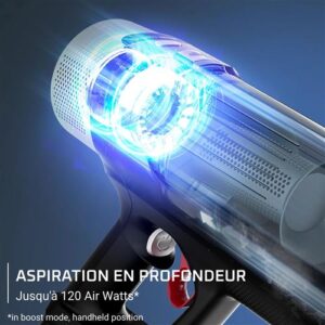 Gros plan sur l'aspirateur ROWENTA RH7A32E0 avec éclairage bleu, mécanismes internes visibles et texte en français.