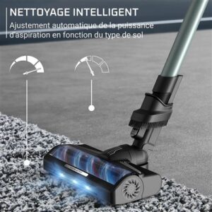 L'aspirateur ROWENTA RH7A32E0 sur tapis affiche un texte en français mettant en valeur son réglage intelligent et automatique de l'aspiration pour tous les types de sols.