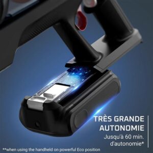 Gros plan de l'appareil portable ROWENTA RH7A32E0 avec l'icône de la batterie allumée, texte : "Jusqu'à 60 minutes d'autonomie.