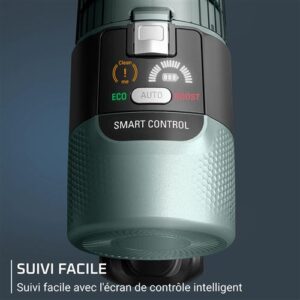 Gros plan sur le panneau de commande intelligent du ROWENTA RH7A32E0 affichant les modes Eco, Auto et Boost avec des voyants lumineux.
