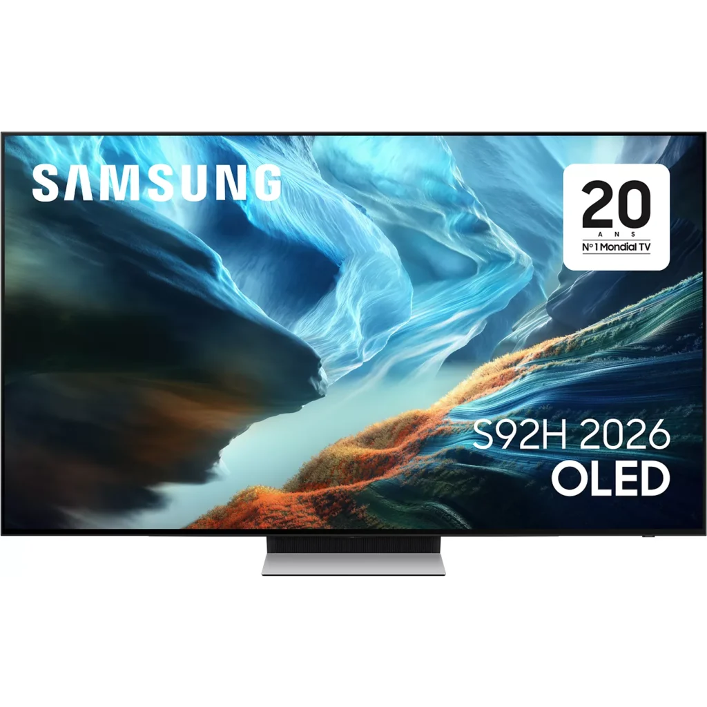 Vue avant du téléviseur OLED SAMSUNG TQ65S92H présentant des images vives et abstraites.