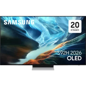 Vue avant du téléviseur OLED SAMSUNG TQ65S92H présentant des images vives et abstraites.