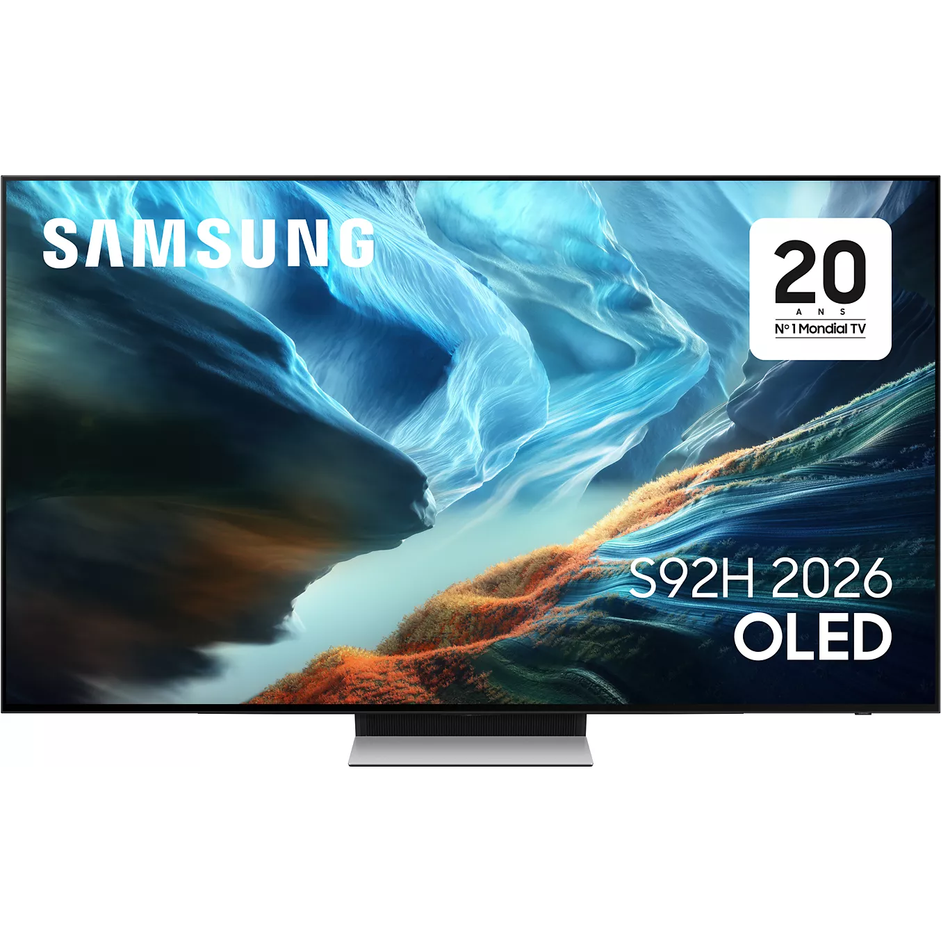 Vue avant du téléviseur OLED SAMSUNG TQ65S92H présentant des images vives et abstraites.