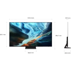Le téléviseur SAMSUNG TQ65S92H 65" présente un design d'écran plat élégant avec des dimensions de 1444,3 mm (L) × 831,7 mm (H) × 39,9 mm (P), et une profondeur de support de 265,2 mm.
