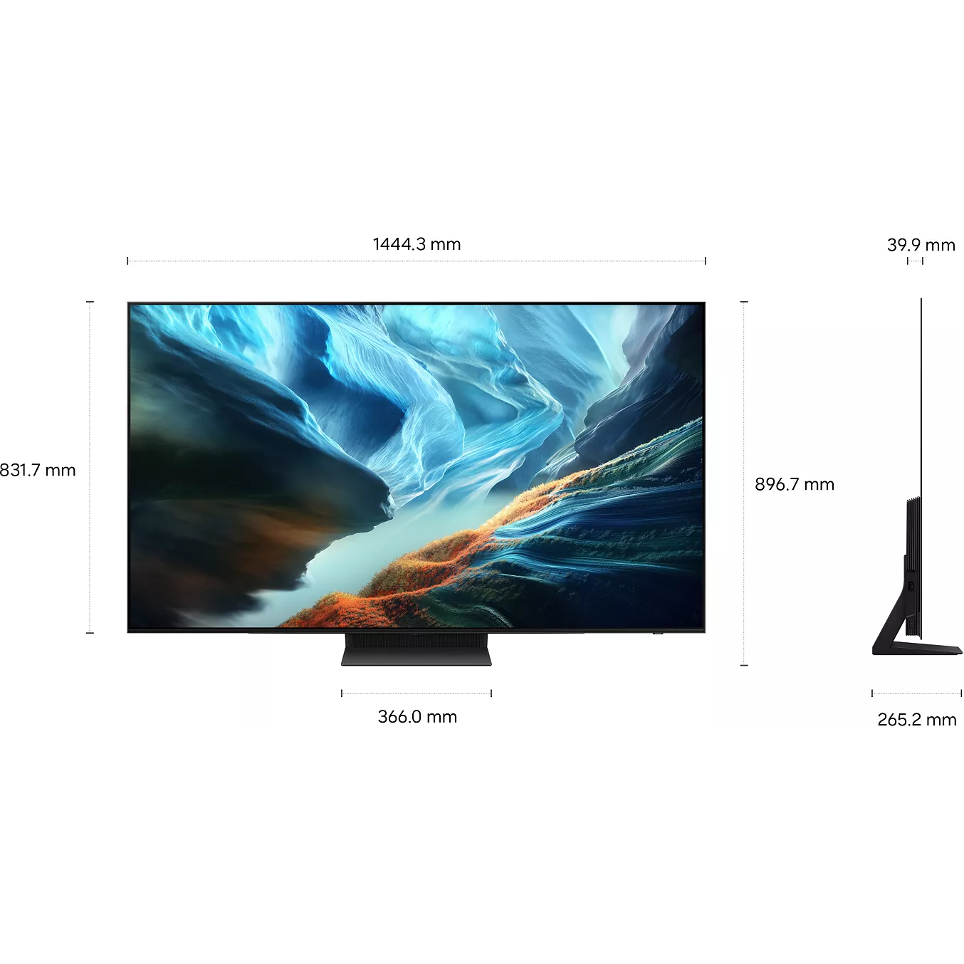 Le téléviseur SAMSUNG TQ65S92H 65" présente un design d'écran plat élégant avec des dimensions de 1444,3 mm (L) × 831,7 mm (H) × 39,9 mm (P), et une profondeur de support de 265,2 mm.