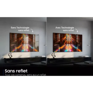 Téléviseurs côte à côte : le gauche avec éblouissement, le droit clair, les deux montrant des vitraux éclatants. Profitez d'un affichage sans éblouissement et de couleurs vives avec le Smart TV SAMSUNG TQ65S92H.