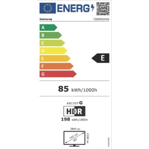 Étiquette énergétique pour SAMSUNG TQ65S92H : classé E, 85 kWh/1000h (SDR), 198 kWh/1000h (HDR), écran 65" 4K HDR.