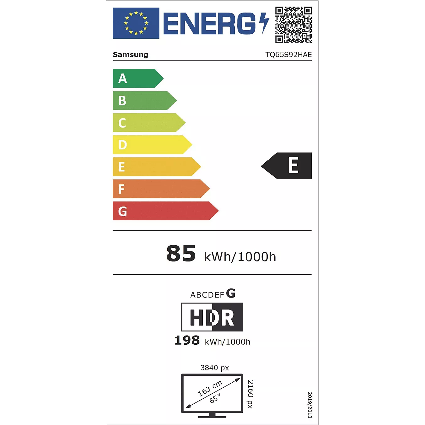 Étiquette énergétique pour SAMSUNG TQ65S92H : classé E, 85 kWh/1000h (SDR), 198 kWh/1000h (HDR), écran 65" 4K HDR.