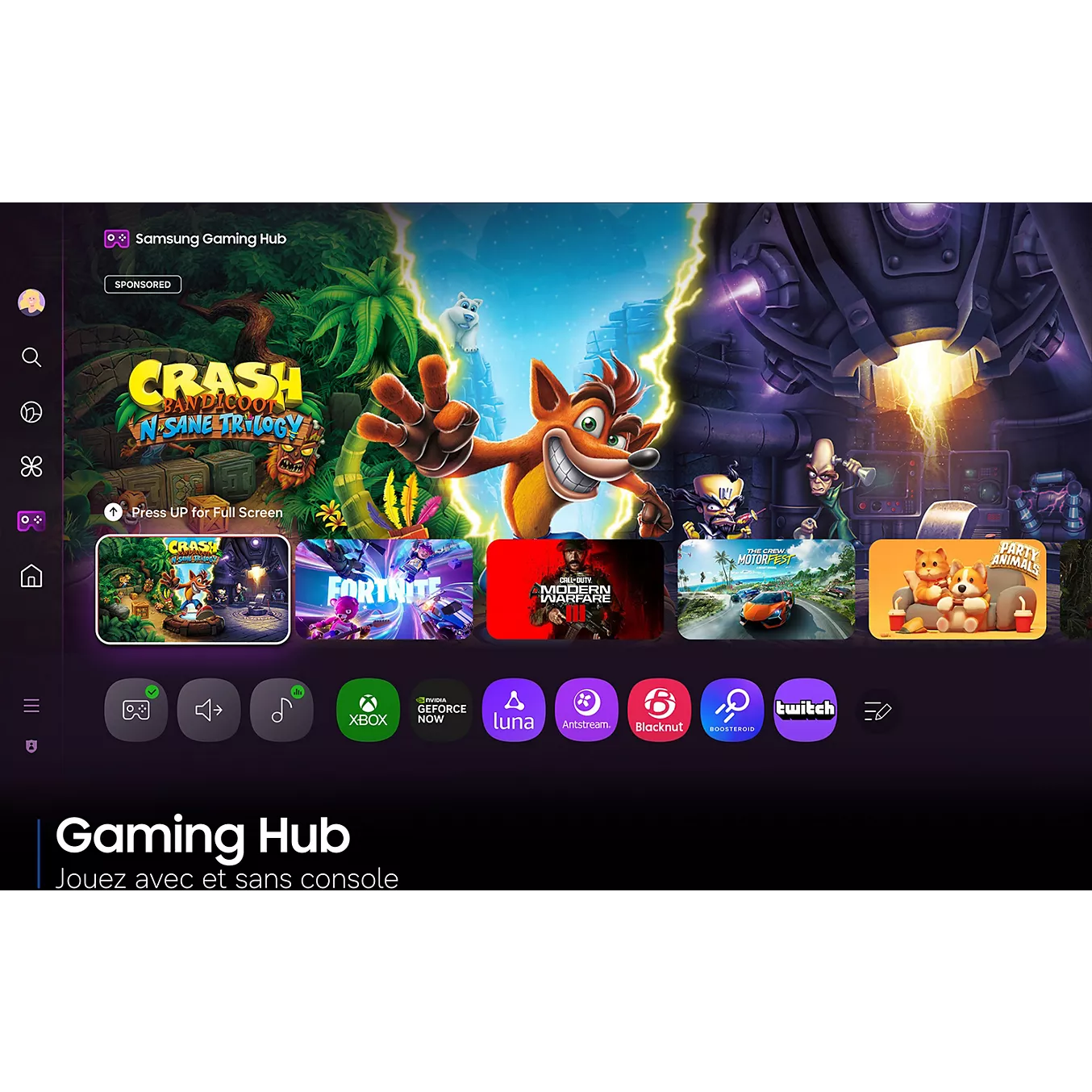 L'interface Gaming Hub du téléviseur SAMSUNG TQ65S92H comporte des icônes de jeux tels que Crash Bandicoot, Fortnite et autres.