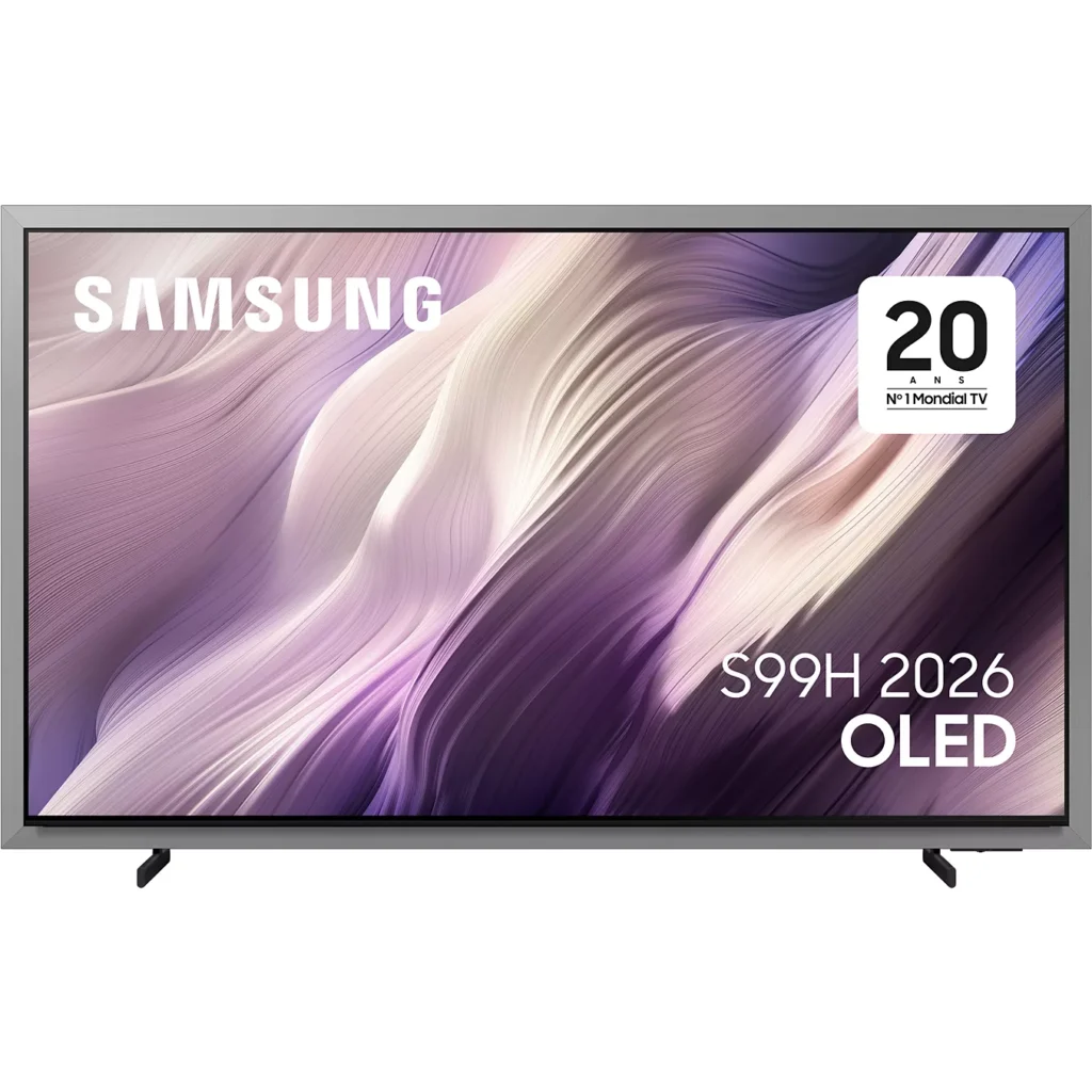 Le téléviseur SAMSUNG TQ65S99H OLED présente un écran abstrait violet et un badge "20 No.1 Mundial TV" à l'écran.
