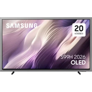 Le téléviseur SAMSUNG TQ65S99H OLED présente un écran abstrait violet et un badge "20 No.1 Mundial TV" à l'écran.