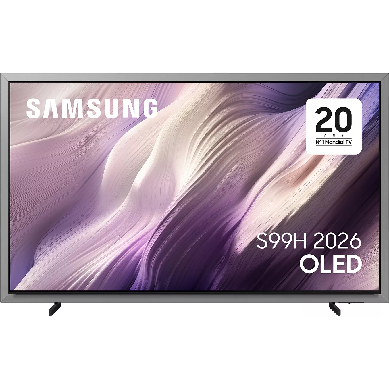 Le téléviseur SAMSUNG TQ65S99H OLED présente un écran abstrait violet et un badge "20 No.1 Mundial TV" à l'écran.