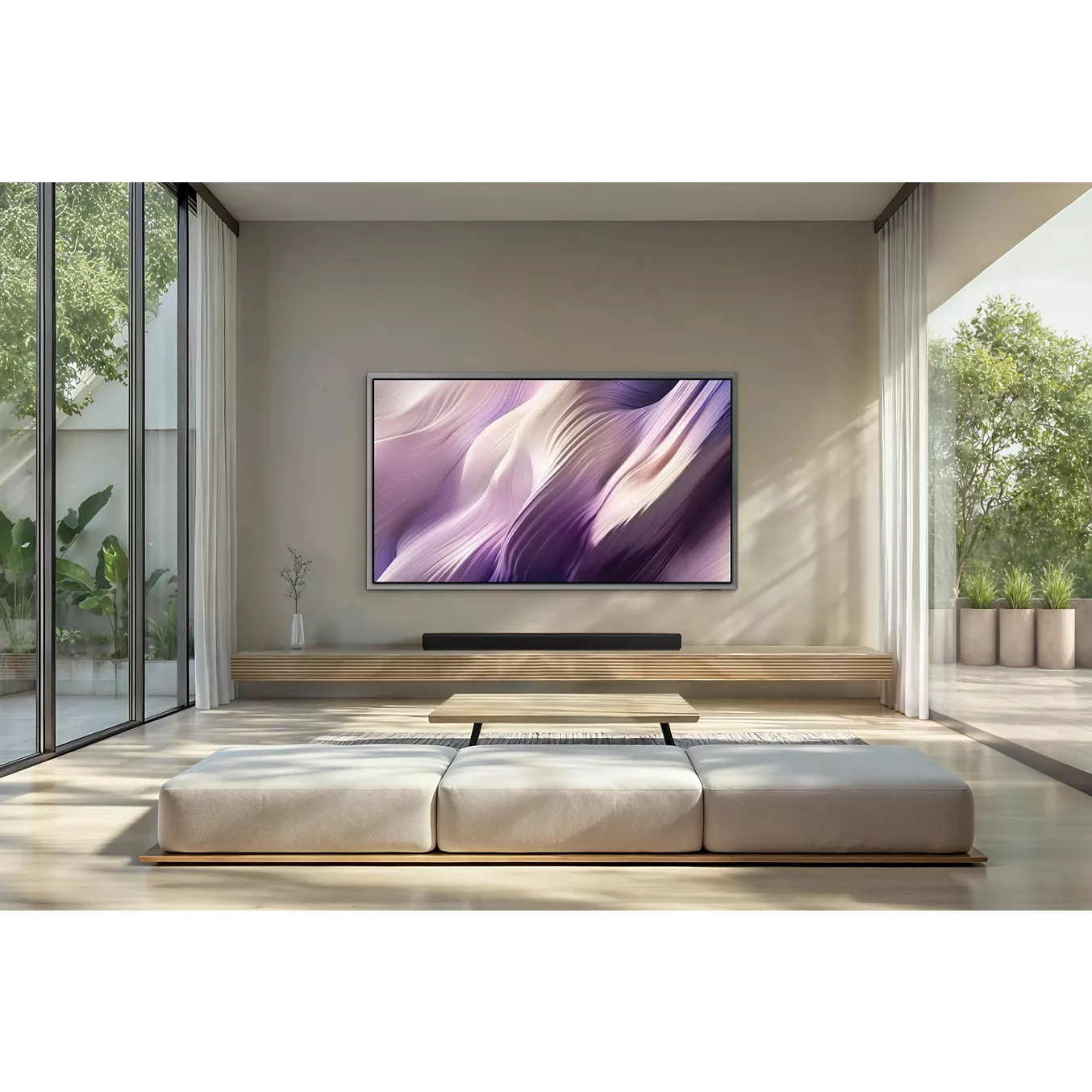 Le salon minimaliste est équipé d'un téléviseur mural SAMSUNG TQ65S99H, de sièges bas de couleur beige et de fenêtres allant du sol au plafond.