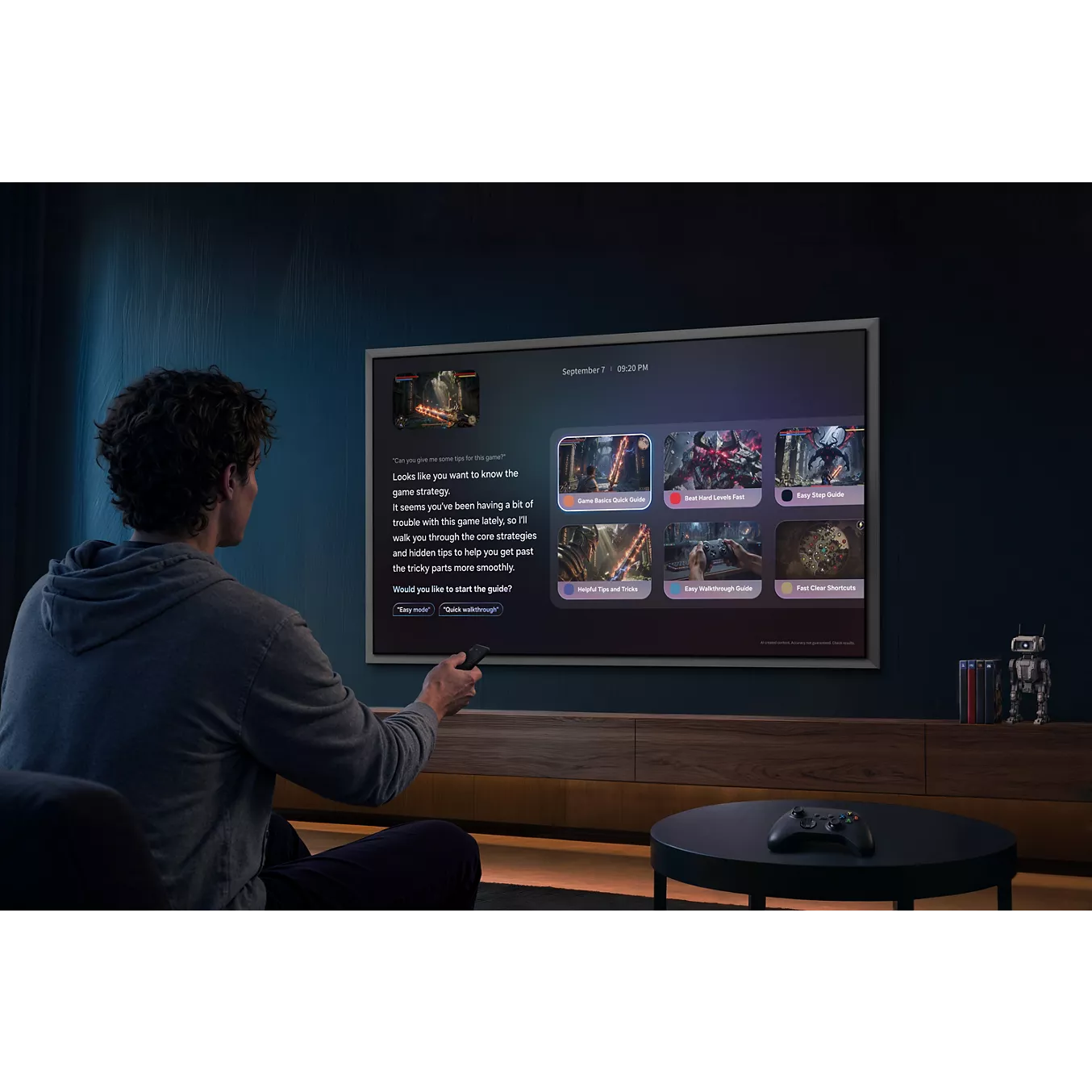 Une personne utilise une télécommande pour interagir avec un téléviseur mural SAMSUNG TQ65S95H (Copie) affichant un contenu de jeu dans une pièce sombre.