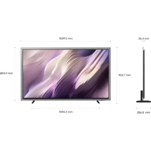 Le téléviseur à écran plat SAMSUNG TQ65S95H (Copie) présente un affichage abstrait et des dimensions : largeur 1509,5 mm, hauteur 933,7 mm et profondeur 256,8 mm.