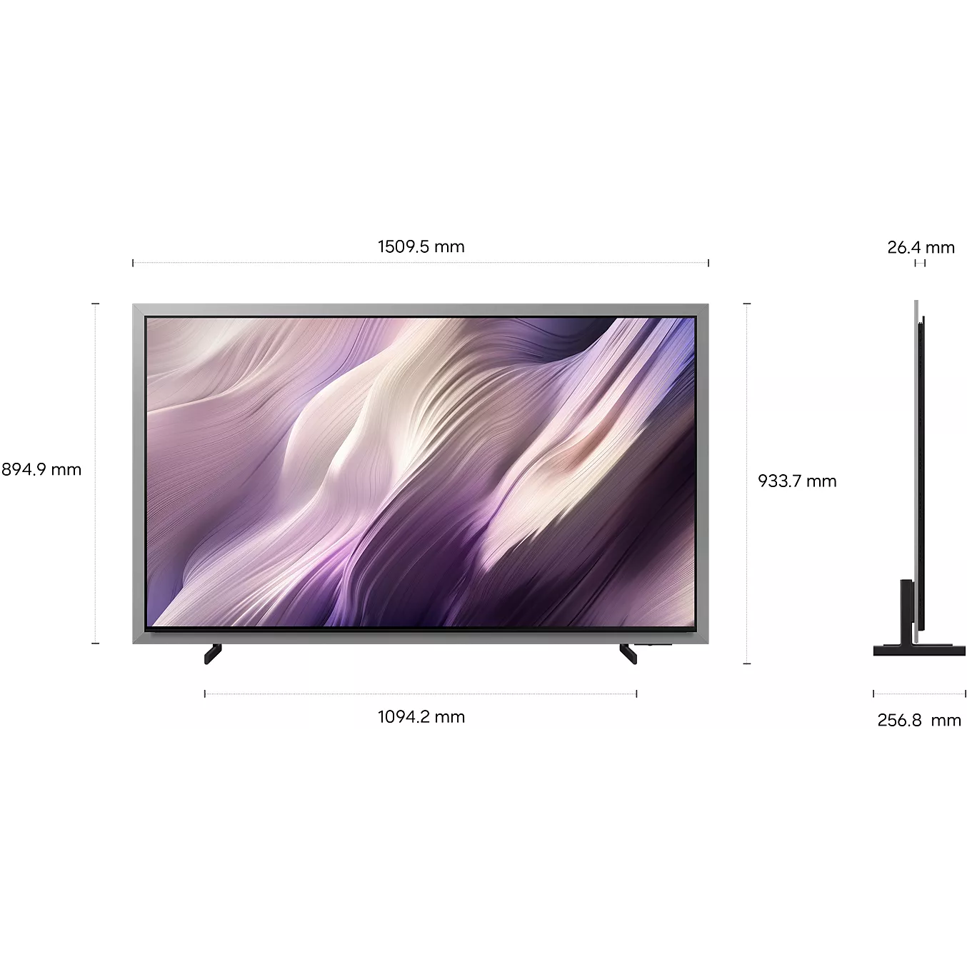 Le téléviseur à écran plat SAMSUNG TQ65S95H (Copie) présente un affichage abstrait et des dimensions : largeur 1509,5 mm, hauteur 933,7 mm et profondeur 256,8 mm.