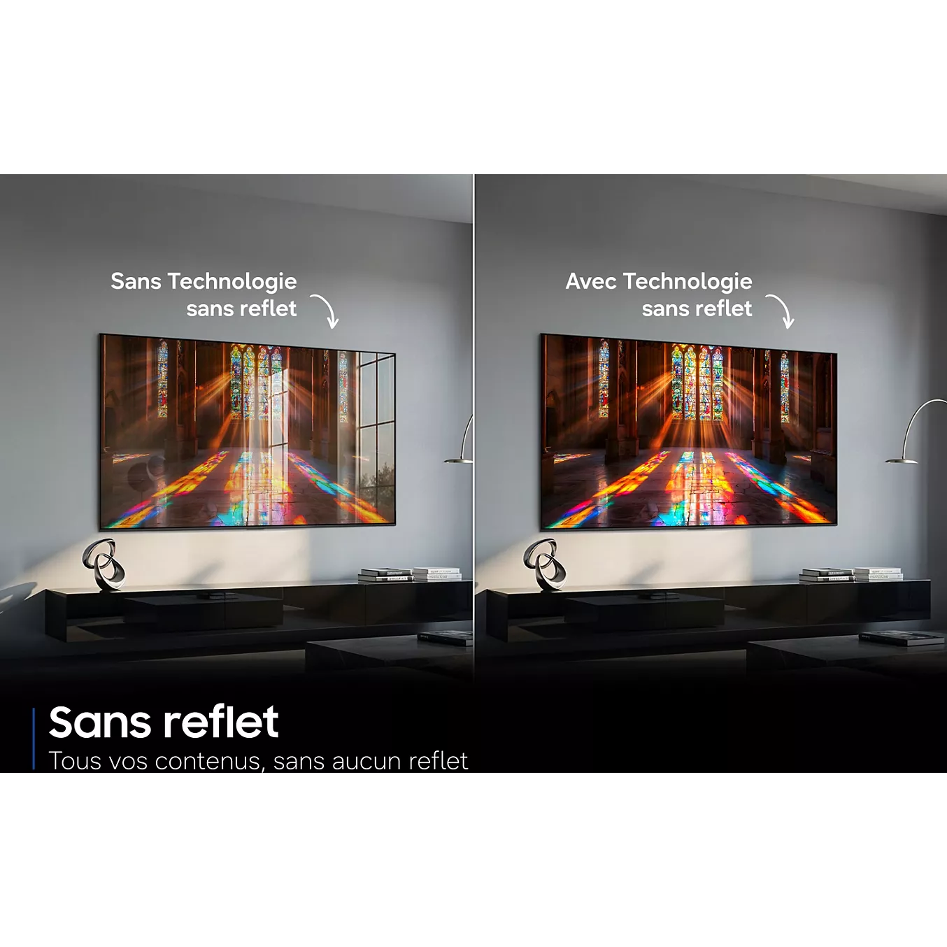 La technologie antireflet avancée du téléviseur SAMSUNG TQ65S99H est illustrée par le fait que l'écran gauche affiche des reflets tandis que l'écran droit reste clair, ce qui souligne sa capacité à minimiser les reflets indésirables.