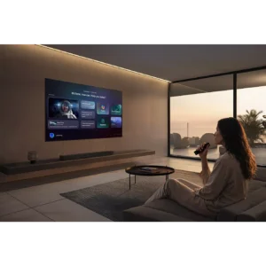 Une femme se détend sur un canapé, télécommande à la main, en admirant le coucher de soleil dans son salon moderne doté d'un grand téléviseur intelligent SAMSUNG TQ77S92H fixé au mur.