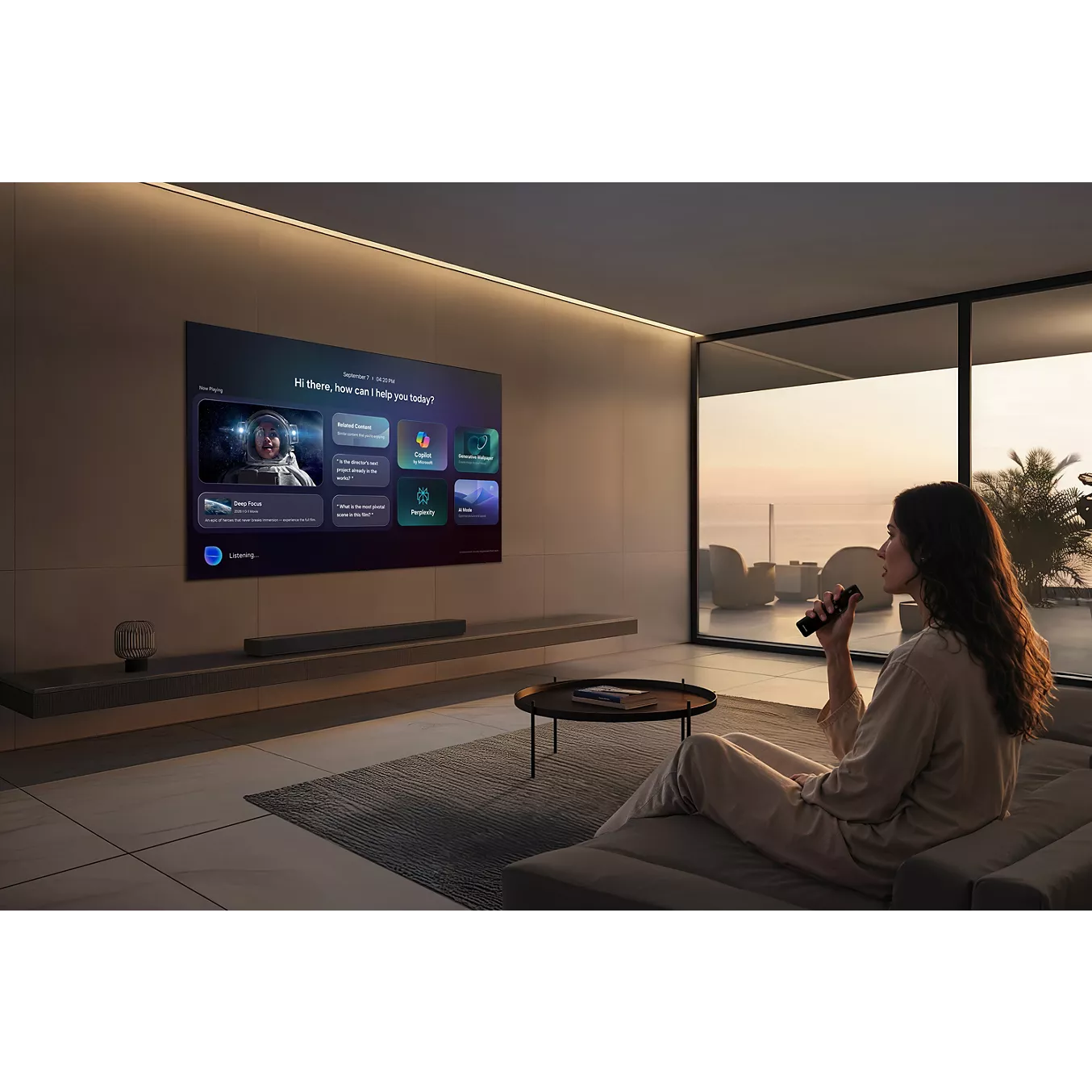 Une femme se détend sur un canapé, télécommande à la main, en admirant le coucher de soleil dans son salon moderne doté d'un grand téléviseur intelligent SAMSUNG TQ77S92H fixé au mur.