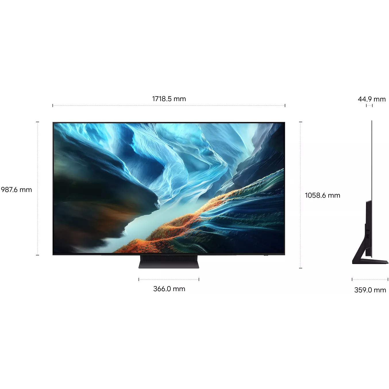 Le téléviseur à écran plat SAMSUNG TQ77S92H est présenté de face et de côté, avec des dimensions détaillées en millimètres pour une adaptation précise à votre espace.