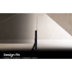 L'élégant SAMSUNG TQ77S92H, présenté de côté sur un fond minimaliste, met en valeur son design moderne ultra-mince en tant que moniteur ou téléviseur.