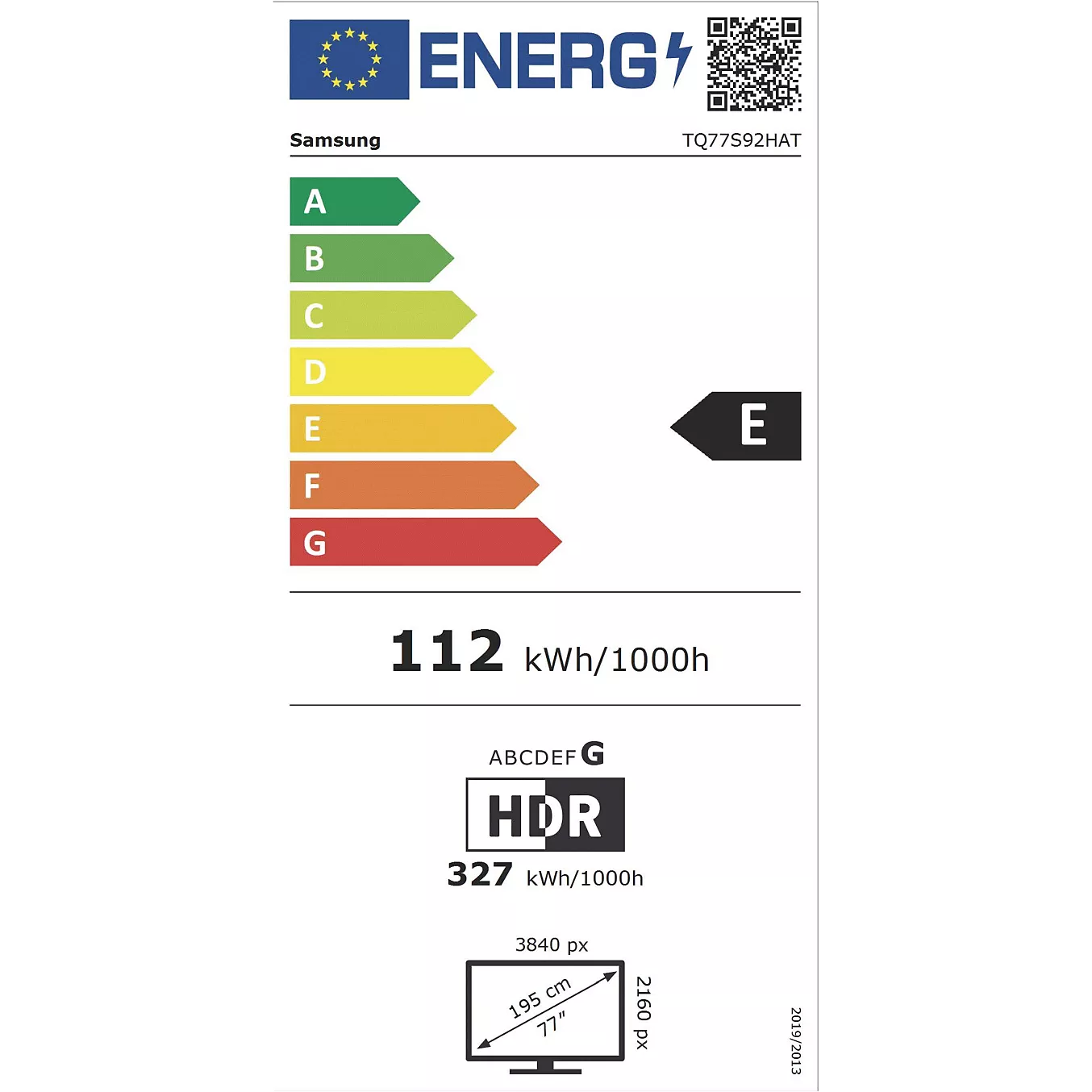 Étiquette énergétique pour le téléviseur SAMSUNG TQ77S92H : 77", 4K HDR, classement E, 112 kWh/1000h, inclut le drapeau de l'UE et le code QR.