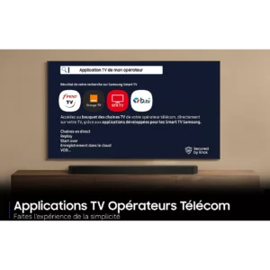 L'écran d'un téléviseur SAMSUNG TQ77S92H affiche les applications TV des opérateurs télécoms - Free, Orange, SFR, Bouygues - avec une barre de recherche et des options de menu.