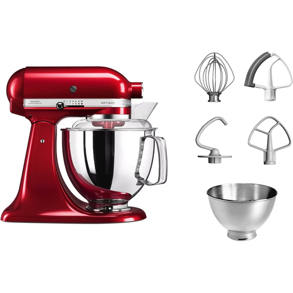 Le robot pâtissier KITCHENAID 5KSM175PSEFL, présenté ici dans une finition rouge vif avec son bol et ses cinq accessoires disposés sur un fond blanc, allie style et polyvalence pour toutes vos tâches culinaires.