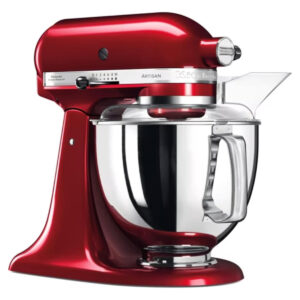 Le robot pâtissier KITCHENAID 5KSM175PSEFL, de couleur rouge, est équipé d'un bol en acier inoxydable et d'un pare-éclaboussures transparent, comme le montre cette vue de profil.