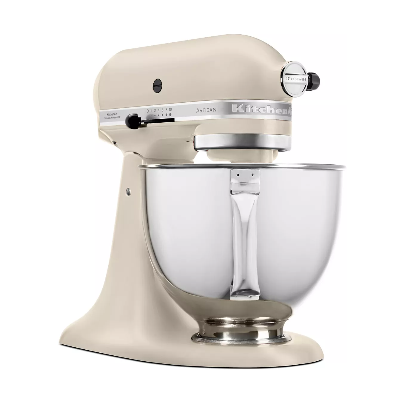 Robot pâtissier KITCHENAID 5KSM175PSEFL (Copier) de couleur beige, équipé d'un bol en acier inoxydable et d'un bouton de commande latéral, présenté sur fond blanc.